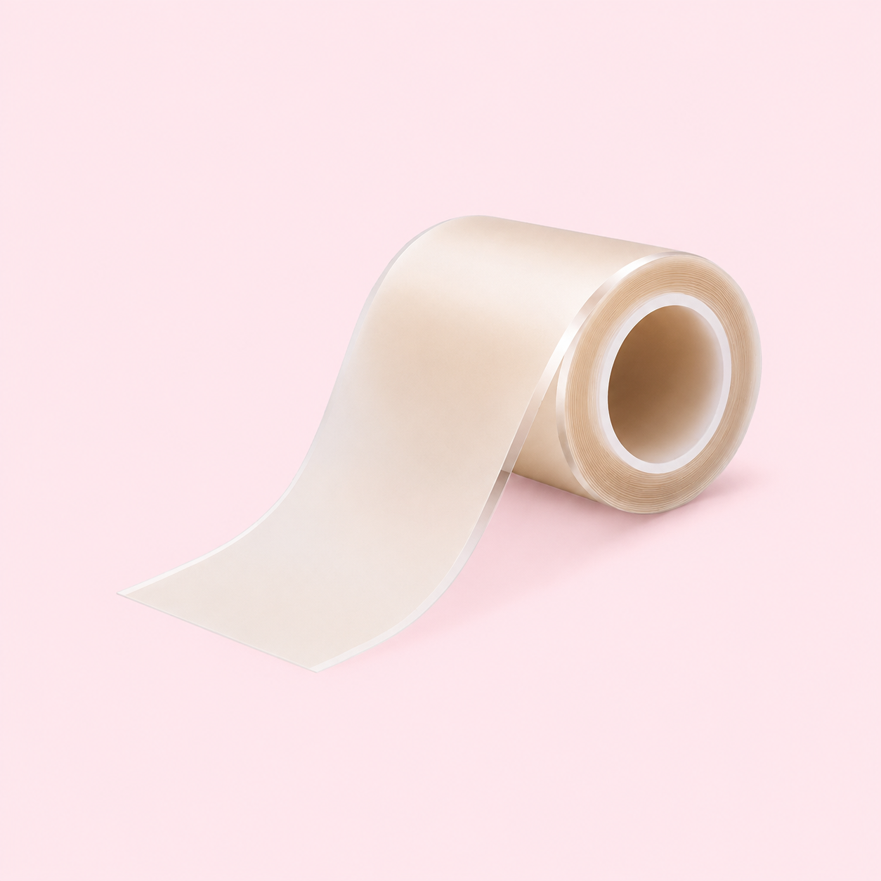 Dotless medical-grade hydrocolloid acne patch roll, cut-to-size, on a soft pink background